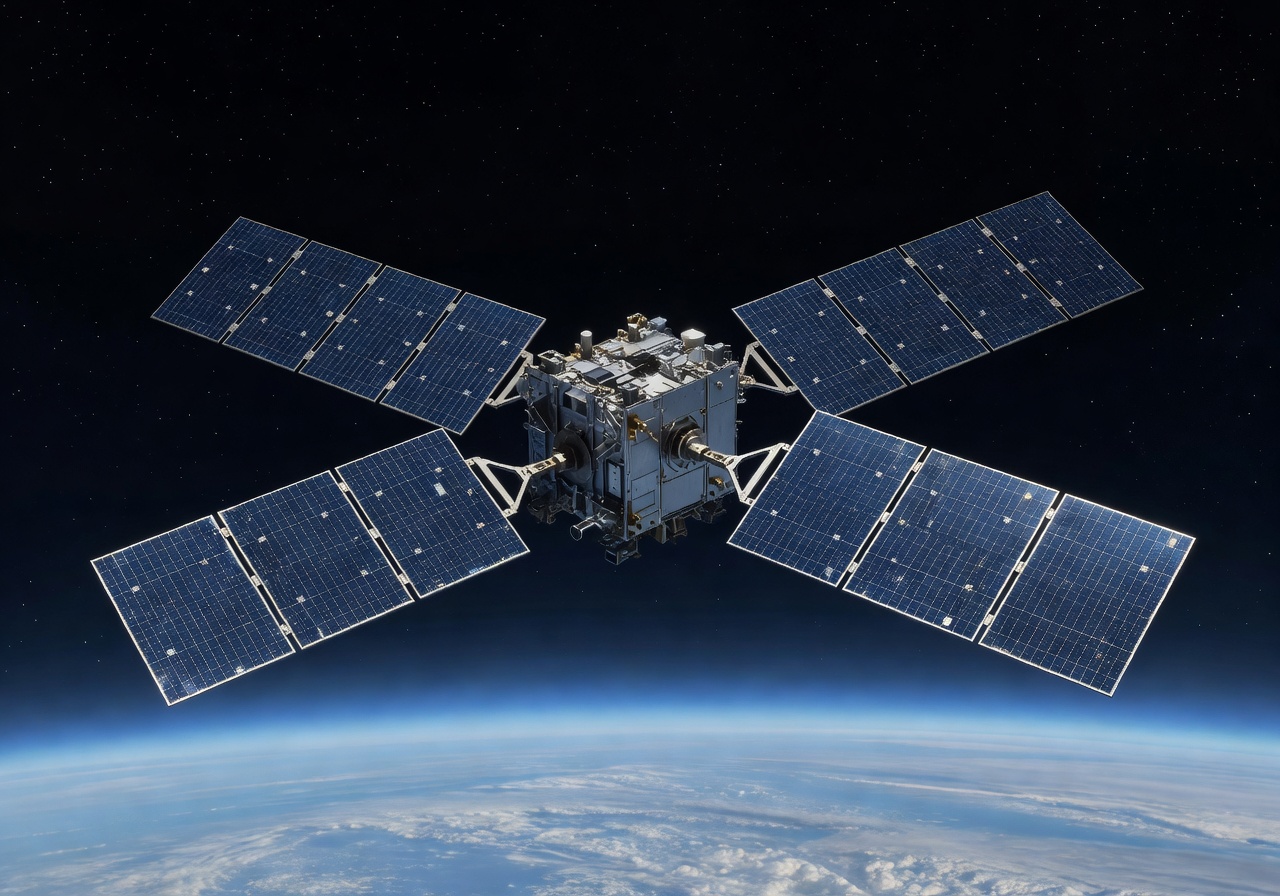 Detailed view of a satellite with solar panels deployed in orbit