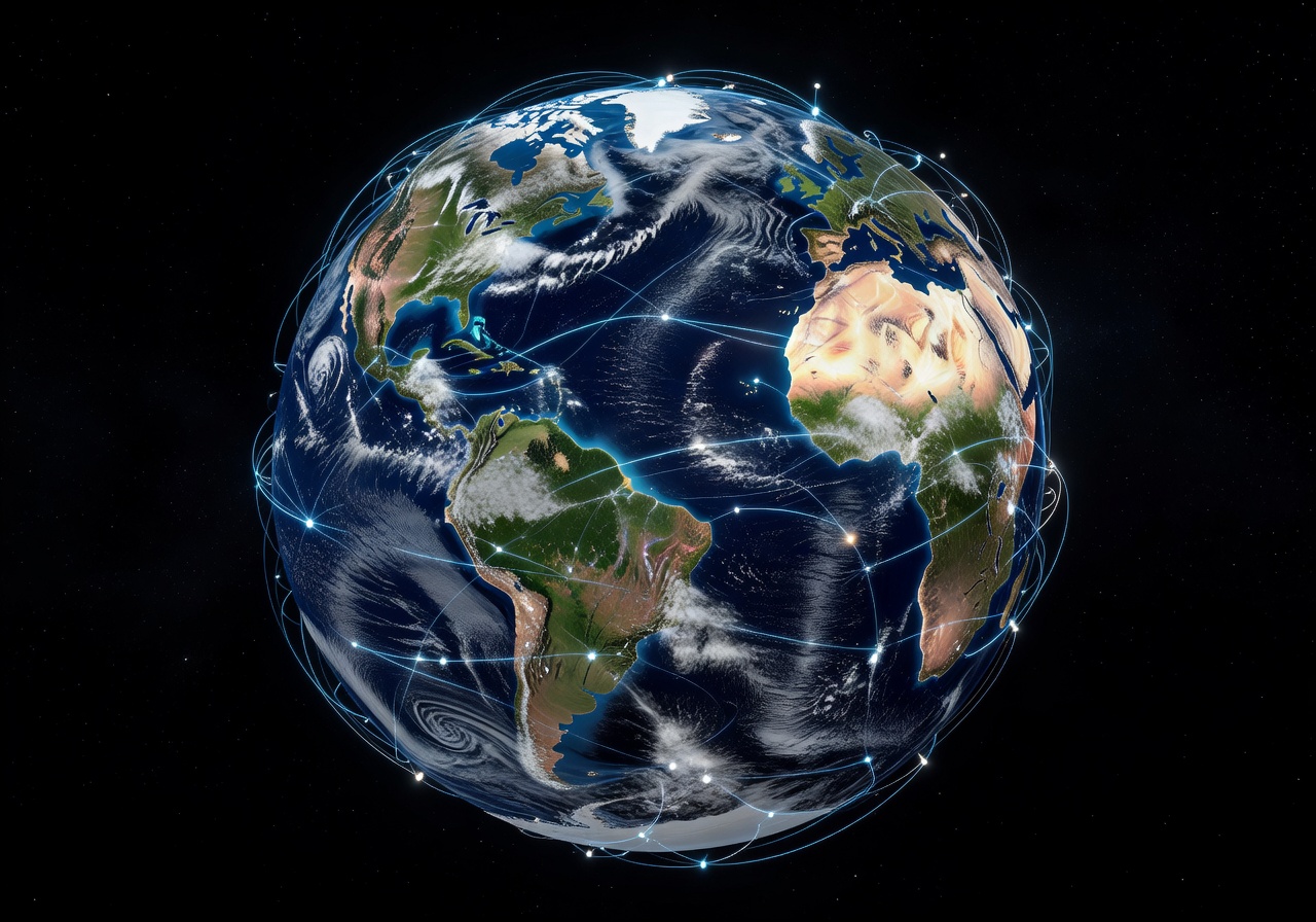 Earth from space showing satellite navigation network coverage