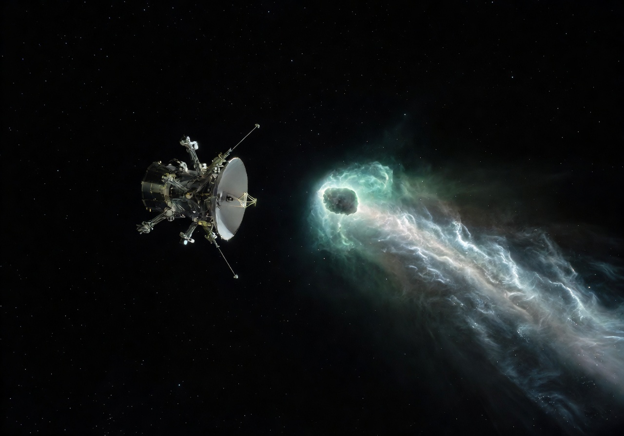 Giotto spacecraft approaching Halley's Comet with bright tail