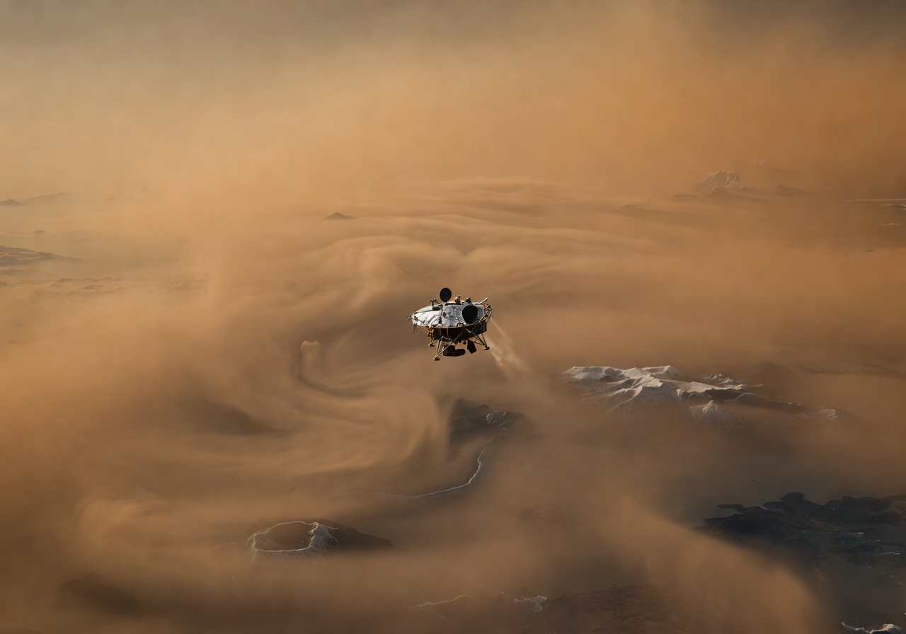 Huygens probe descending through the thick atmosphere of Titan