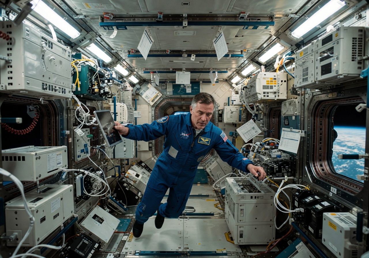 Interior of the International Space Station with astronaut at work