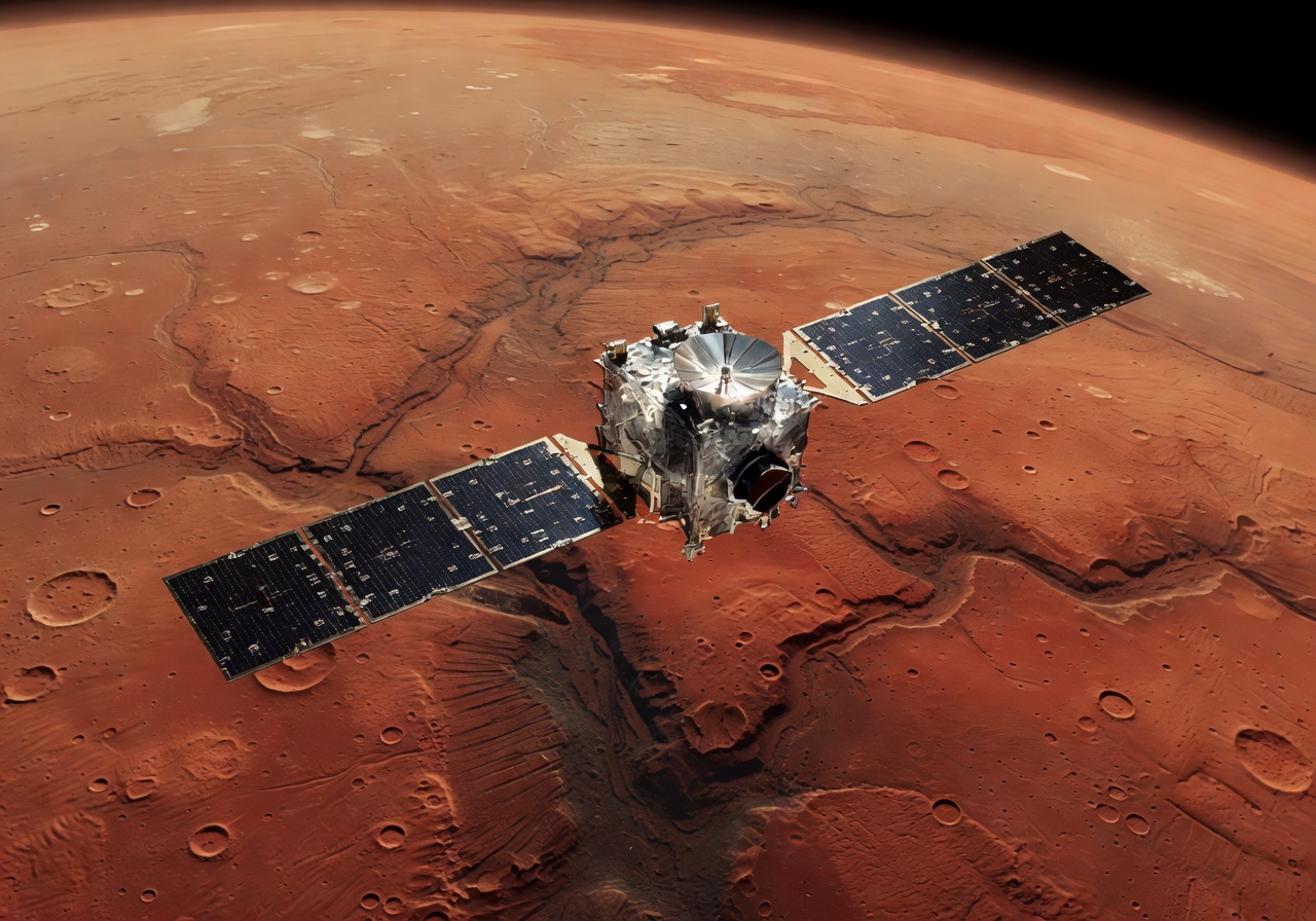 Mars Express spacecraft orbiting the red surface of Mars