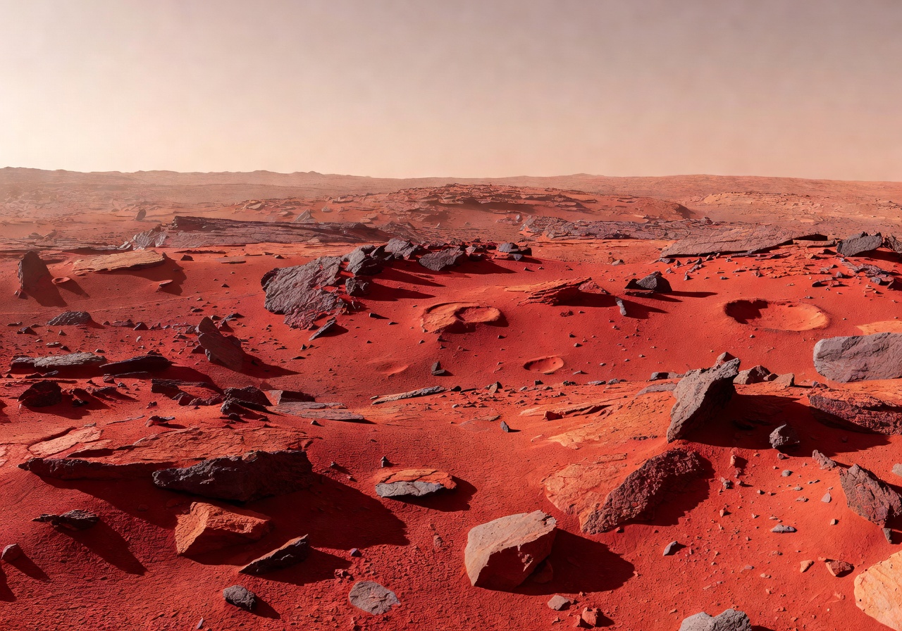 Mars red surface with rocky terrain and thin atmosphere