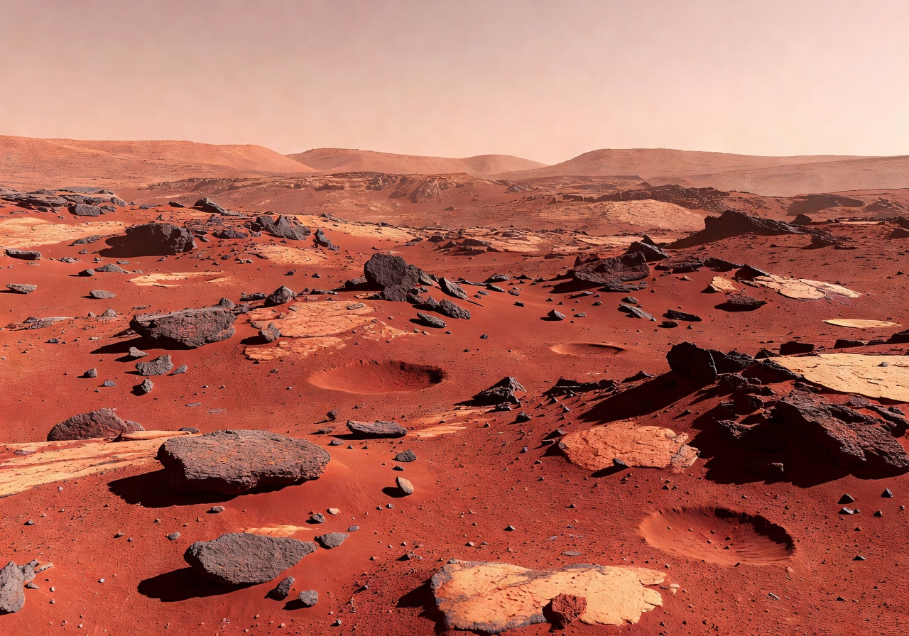 Mars surface with red terrain and rocky landscape