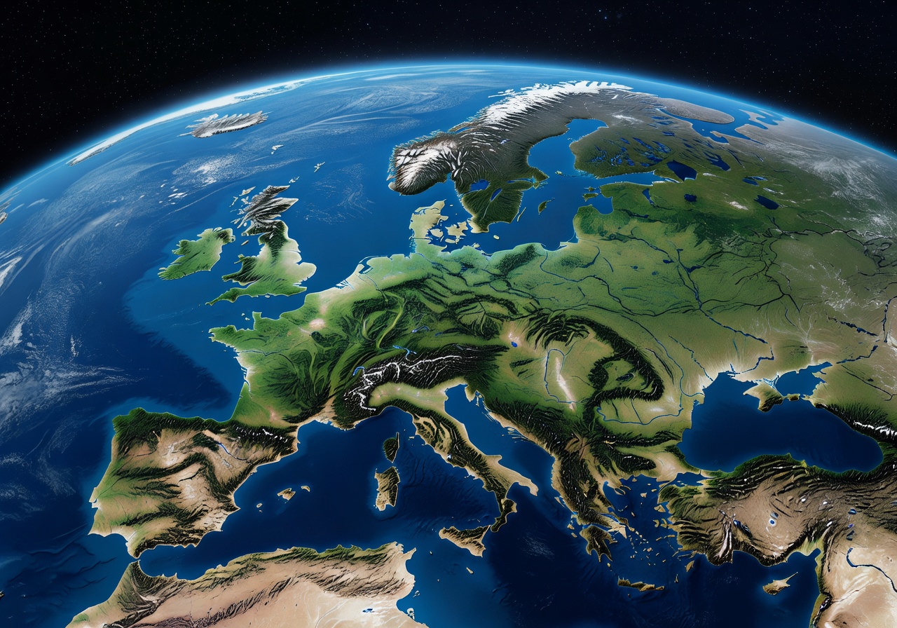 Overview of planet Earth from space showing European continent and atmosphere