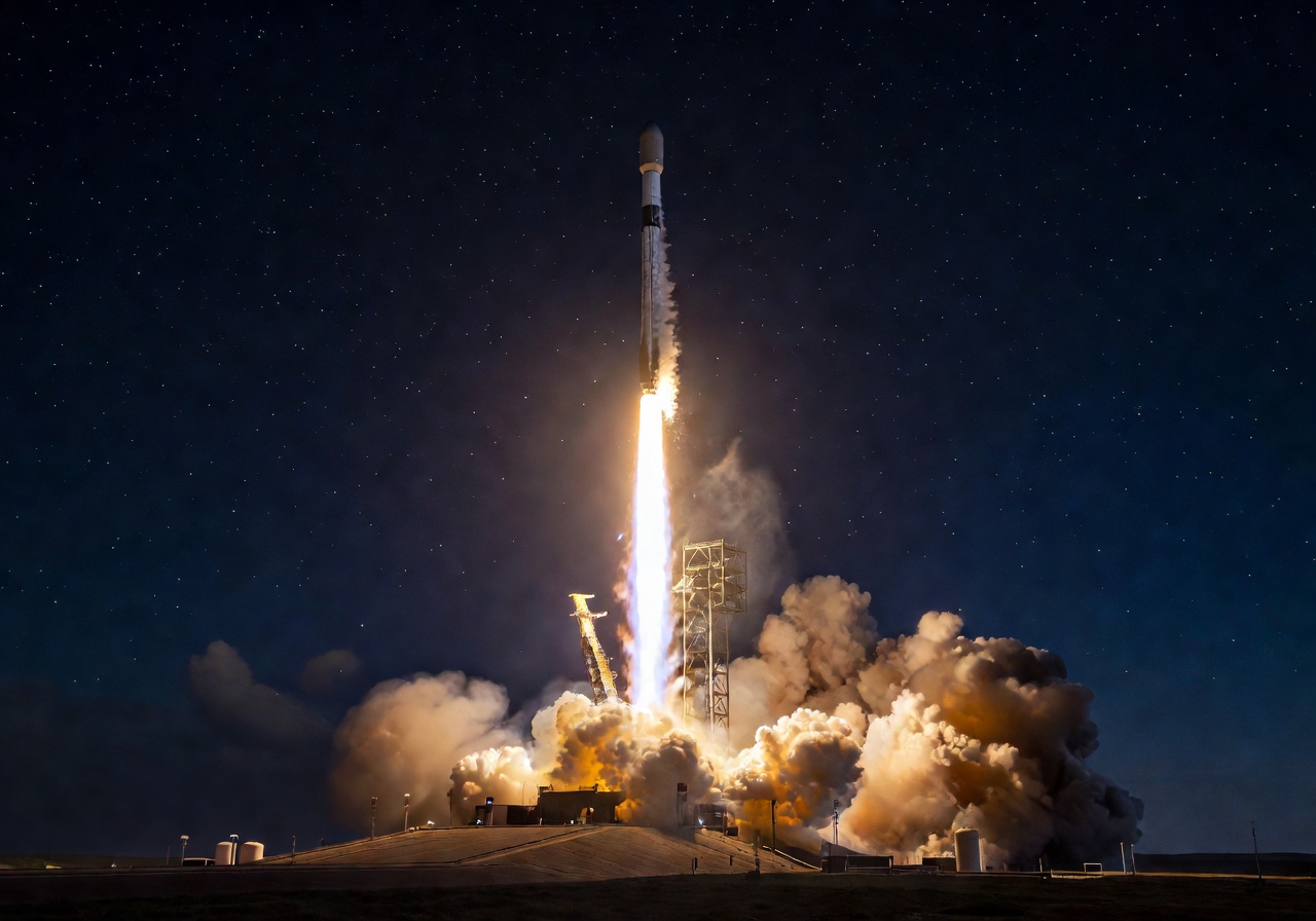 Rocket launching into night sky with bright exhaust trail