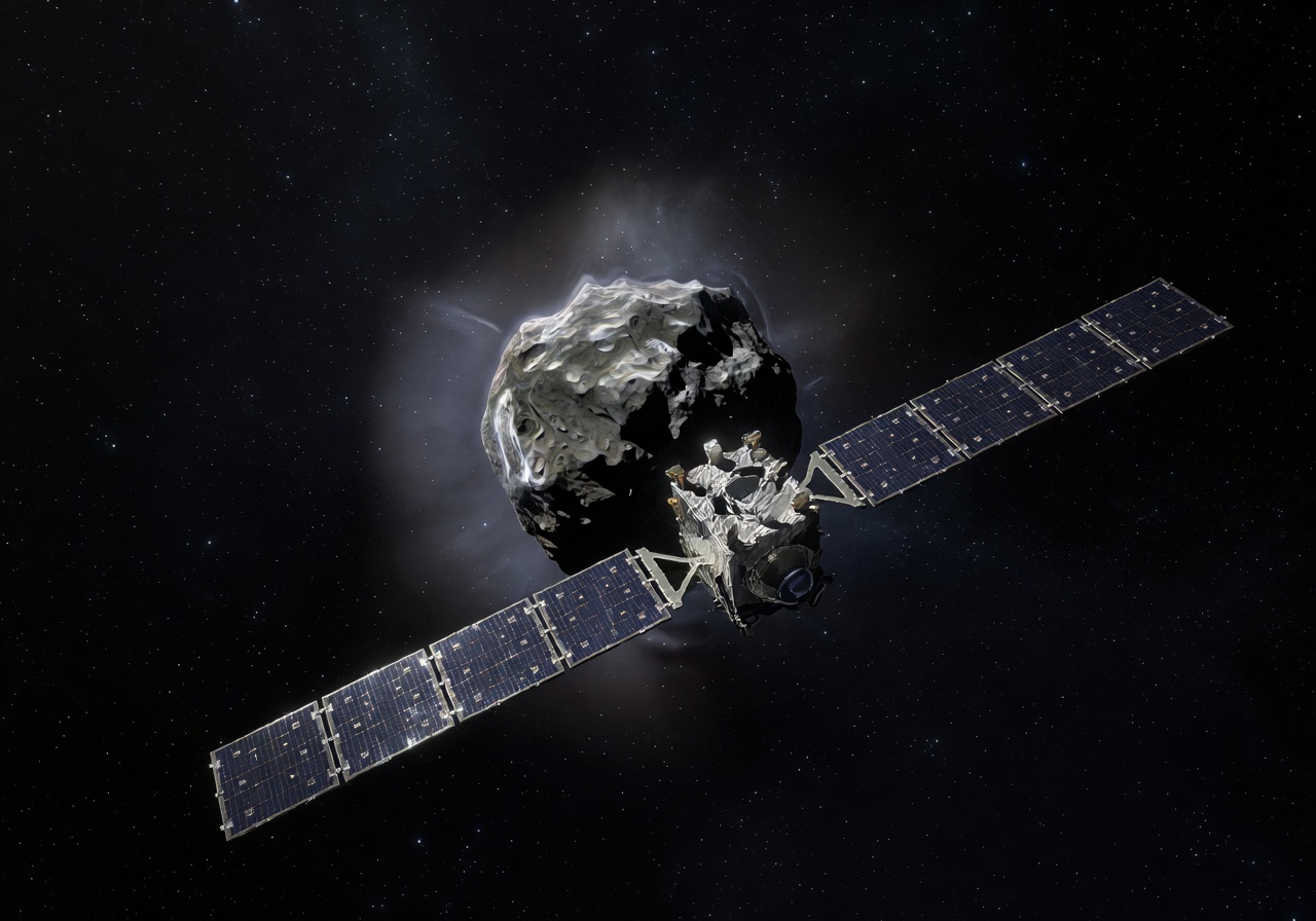 Rosetta spacecraft near comet 67P with solar panels extended