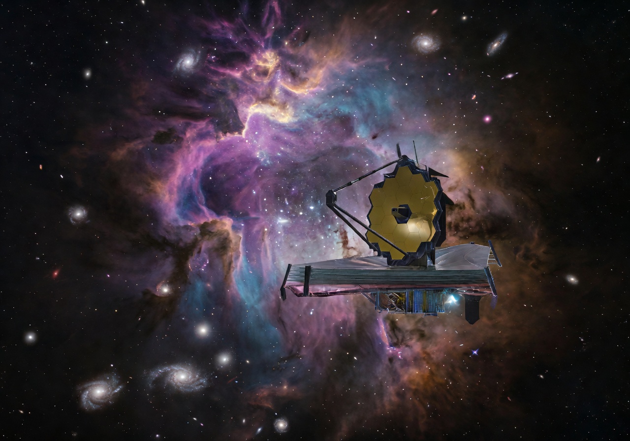 Space telescope capturing deep space nebula and distant galaxies